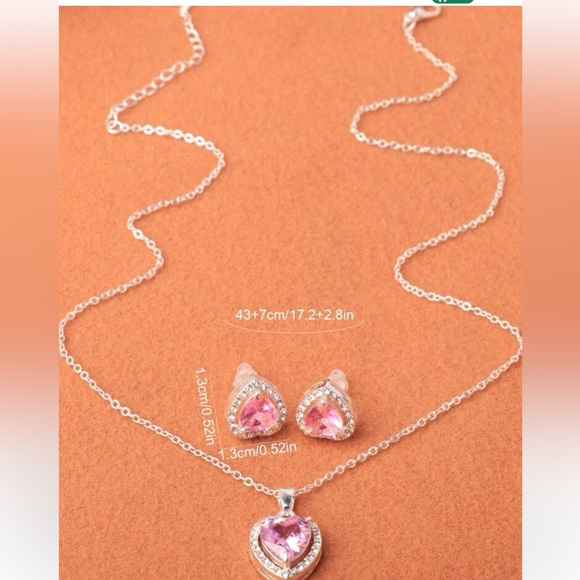 Pink Cubic Zirconia Heart 3 Piece Jewelry Set Pendant Silver Necklace Earrings - Picture 3 of 14